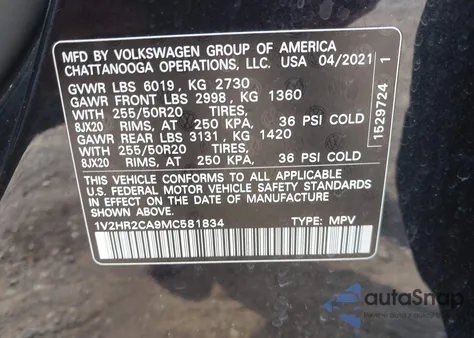 2021 Volkswagen Atlas 3.6L V6 Se W/Technology из США, поврежденный, VIN 1V2HR2CA9MC581834